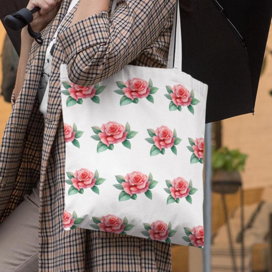 Rose Pattern Flower Design Tote Bag carried by a woman in an urban setting, showing the red floral print clearly