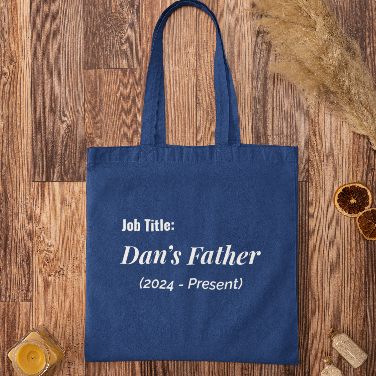 Minimalist royal blue custom name tote bag with Dan’s Father 2024 Present text – gift for new dads