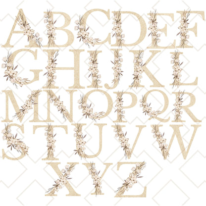 Size guide showing dimensions of champagne gold and ivory floral initial custom tote bag