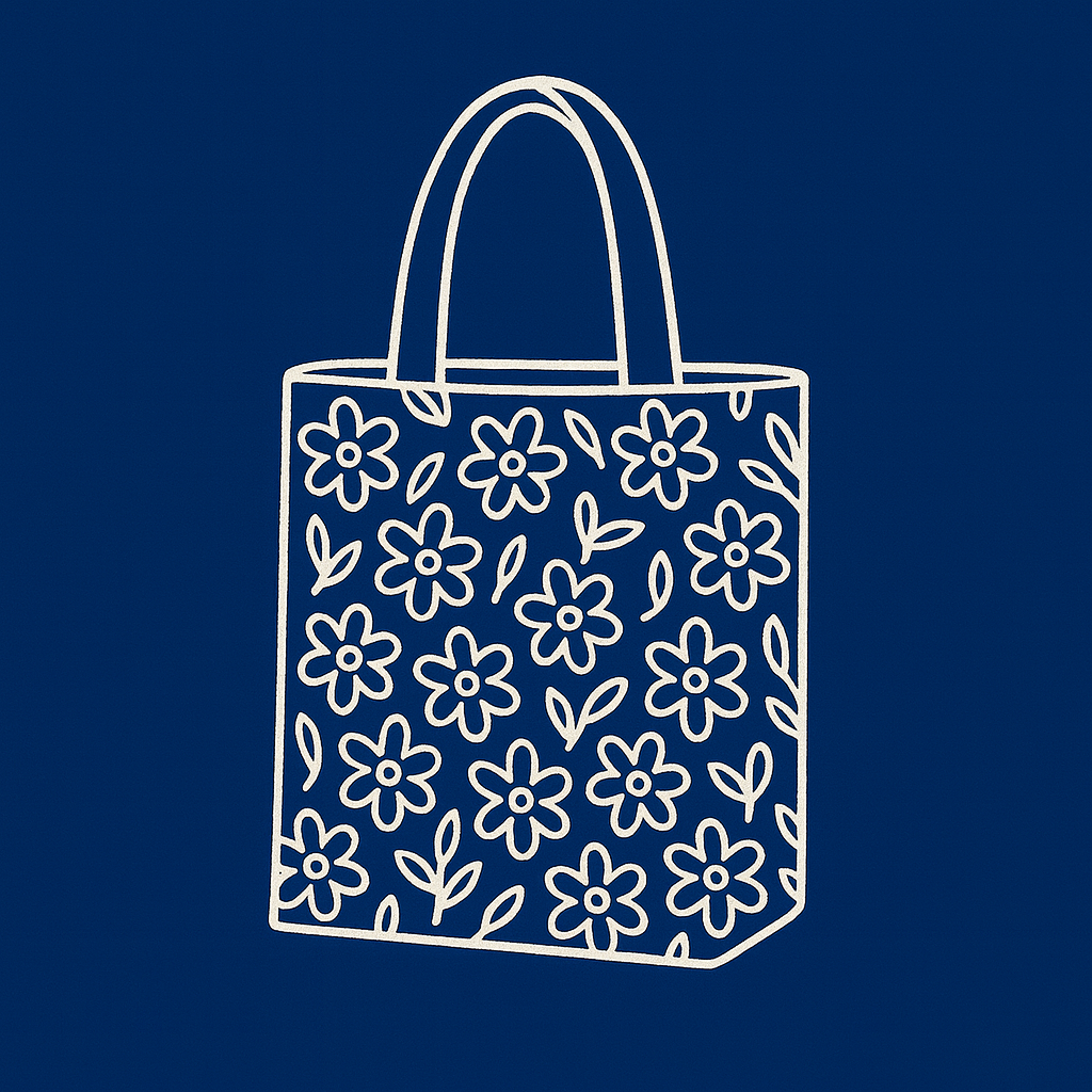 Floral patterned polyester tote bag icon on navy background representing all-over print tote bags collection