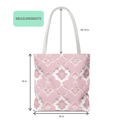 Baby pink Moroccan print tote bag with measurements for size reference