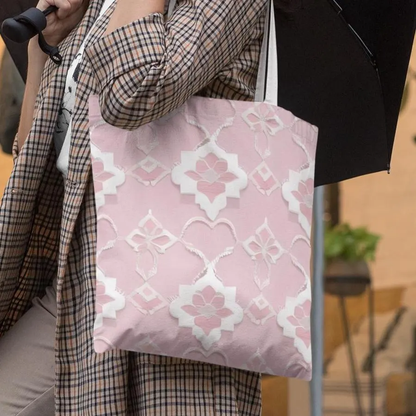 Woman carrying baby pink Moroccan pattern tote bag while walking outdoors
