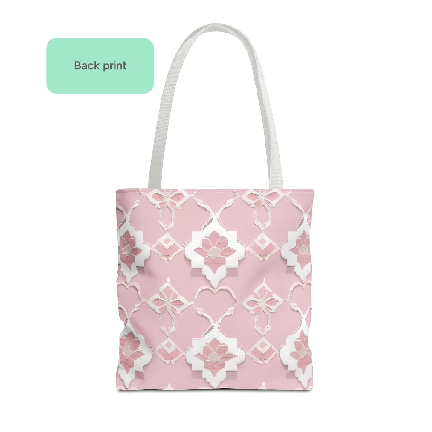 Back view of baby pink Moroccan print tote bag showcasing full pattern design