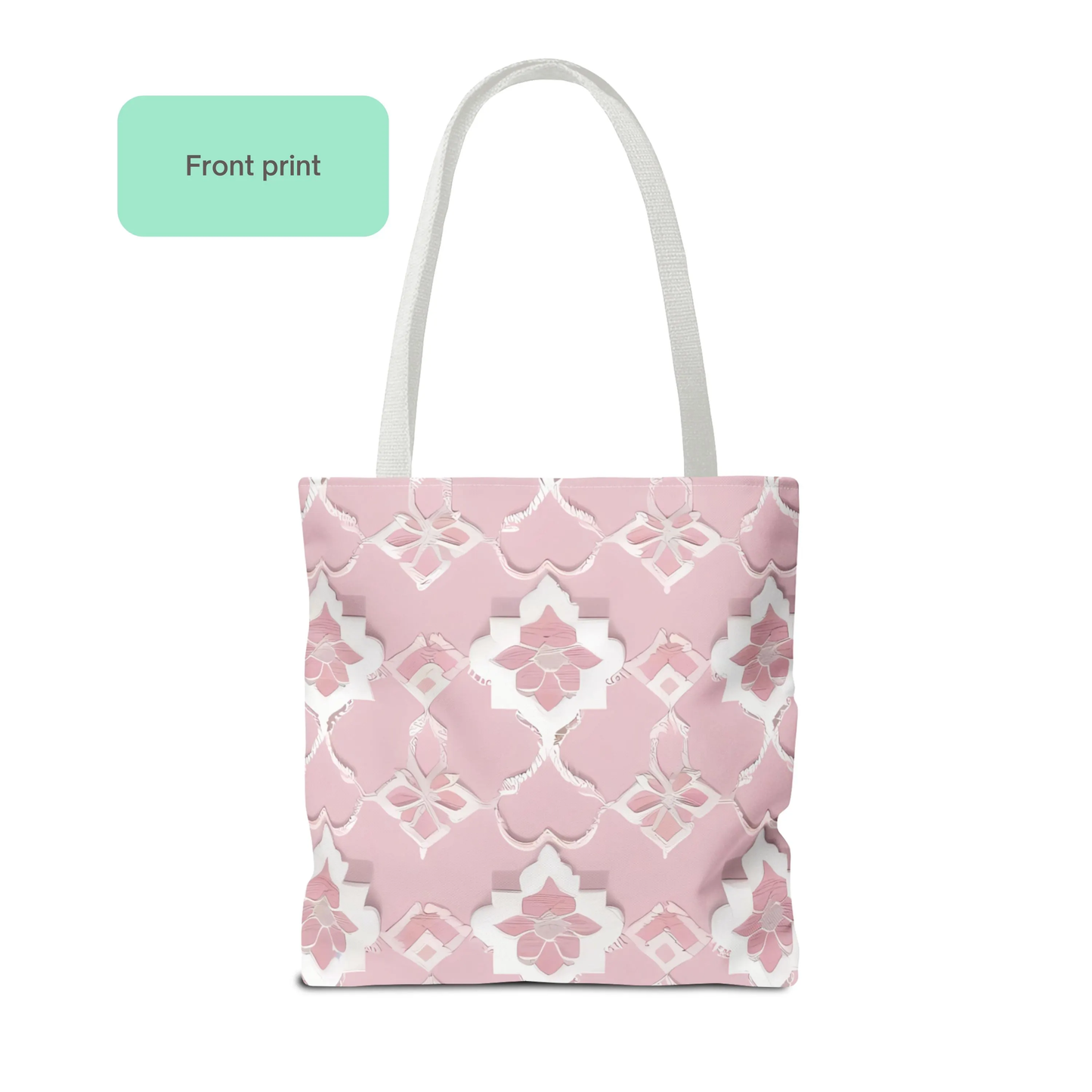 Front view of baby pink tote bag with elegant Moroccan print pattern, perfect for everyday use