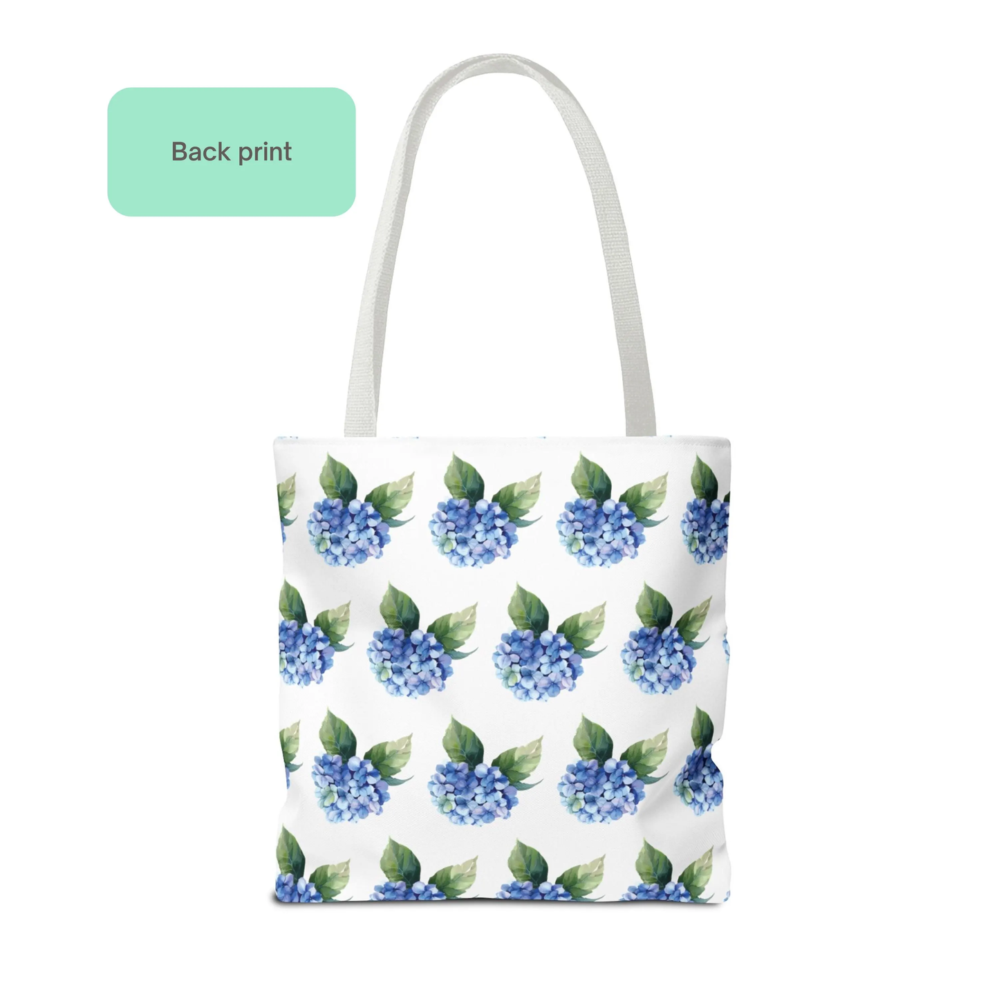 Back view of Hydrangea Patterned Floral Design Tote Bag featuring blue hydrangea floral pattern