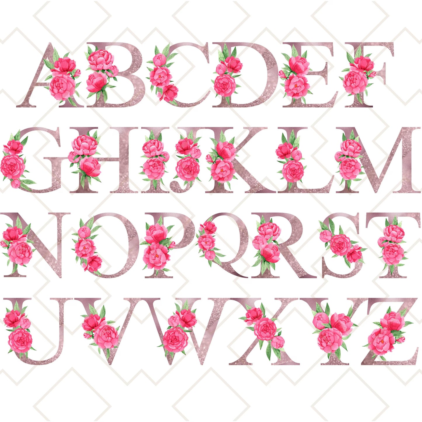 Full alphabet design featuring blush pink floral initials for personalized tote bag collection