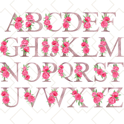 Full alphabet design featuring blush pink floral initials for personalized tote bag collection