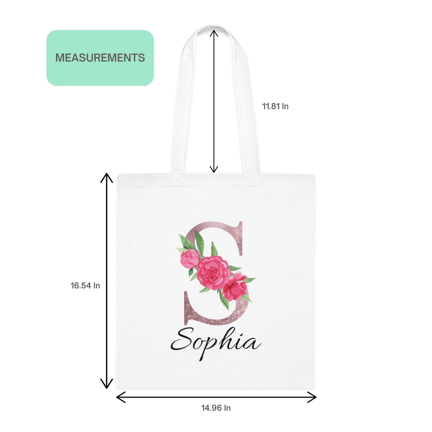 Personalized blush pink floral tote bag with initial S and name Sophia showing size measurements