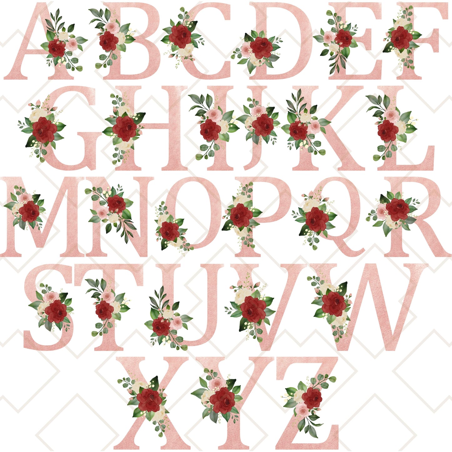 Full alphabet design of Blush Pink and Roses Floral Custom Tote Bag showing all initial letter options with rose accents