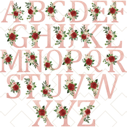 Full alphabet design of Blush Pink and Roses Floral Custom Tote Bag showing all initial letter options with rose accents