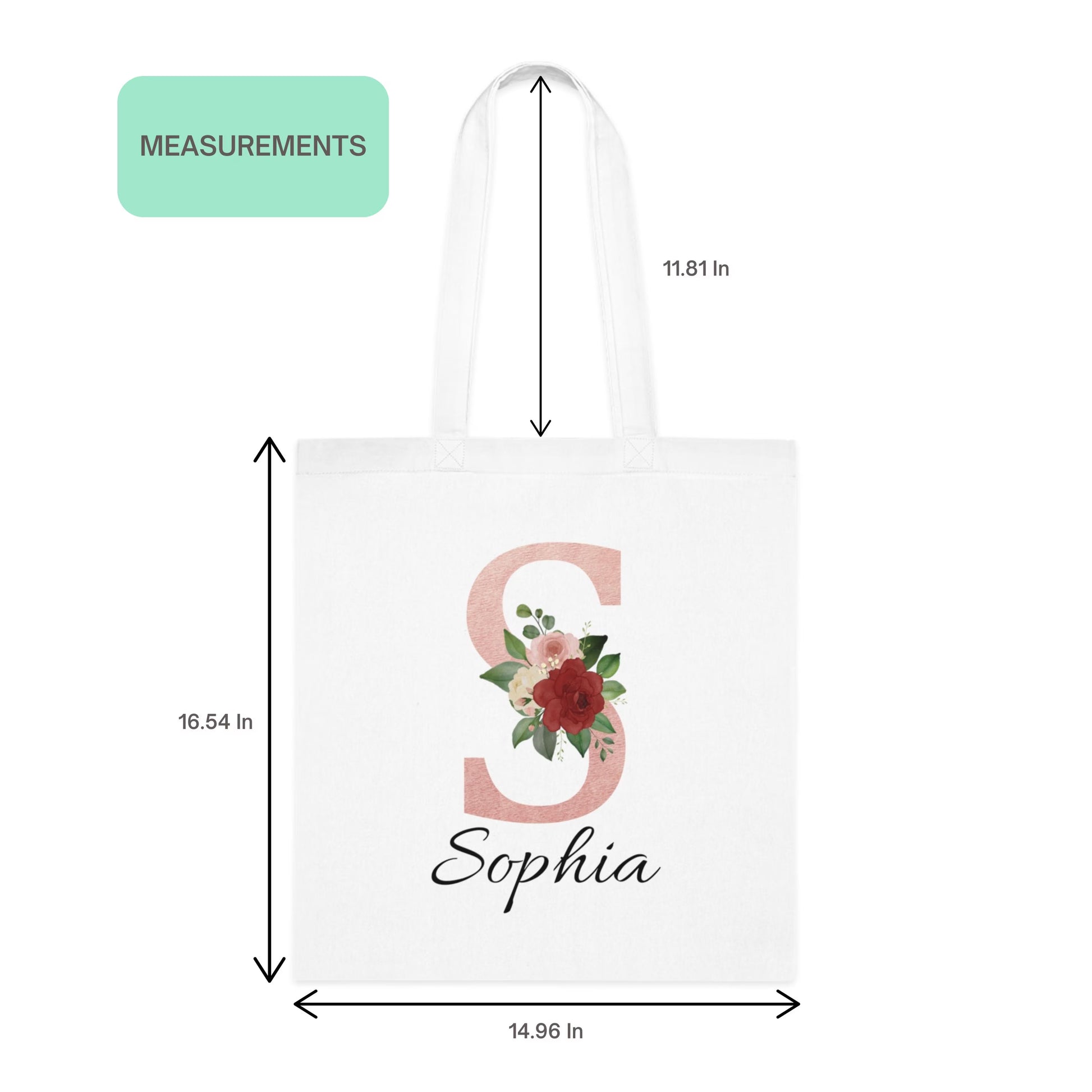Size guide for Blush Pink and Roses Floral Custom Tote Bag showing initial S with red rose floral design and name Sophia