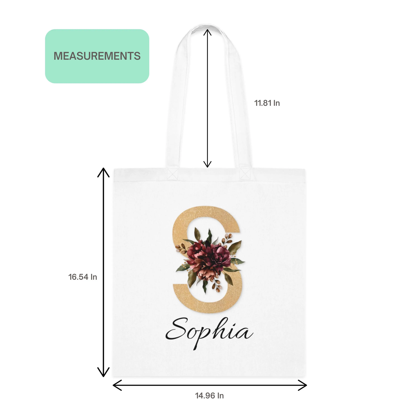 Size guide showing dimensions of the Burgundy and Gold Vintage Floral Custom Tote Bag