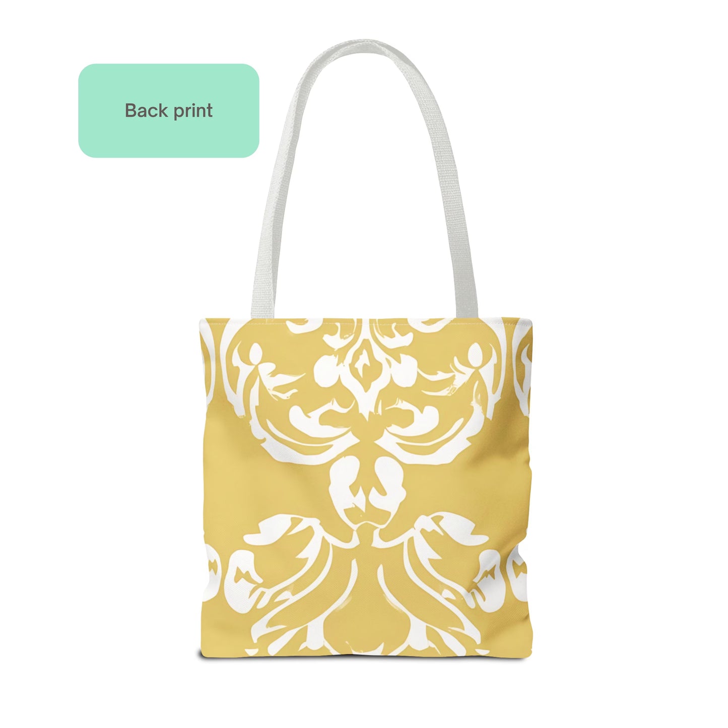 Back view of butter yellow tote bag with white damask pattern print, stylish everyday carryall design