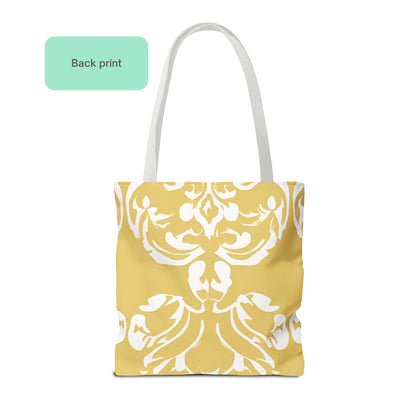 Back view of butter yellow tote bag with white damask pattern print, stylish everyday carryall design