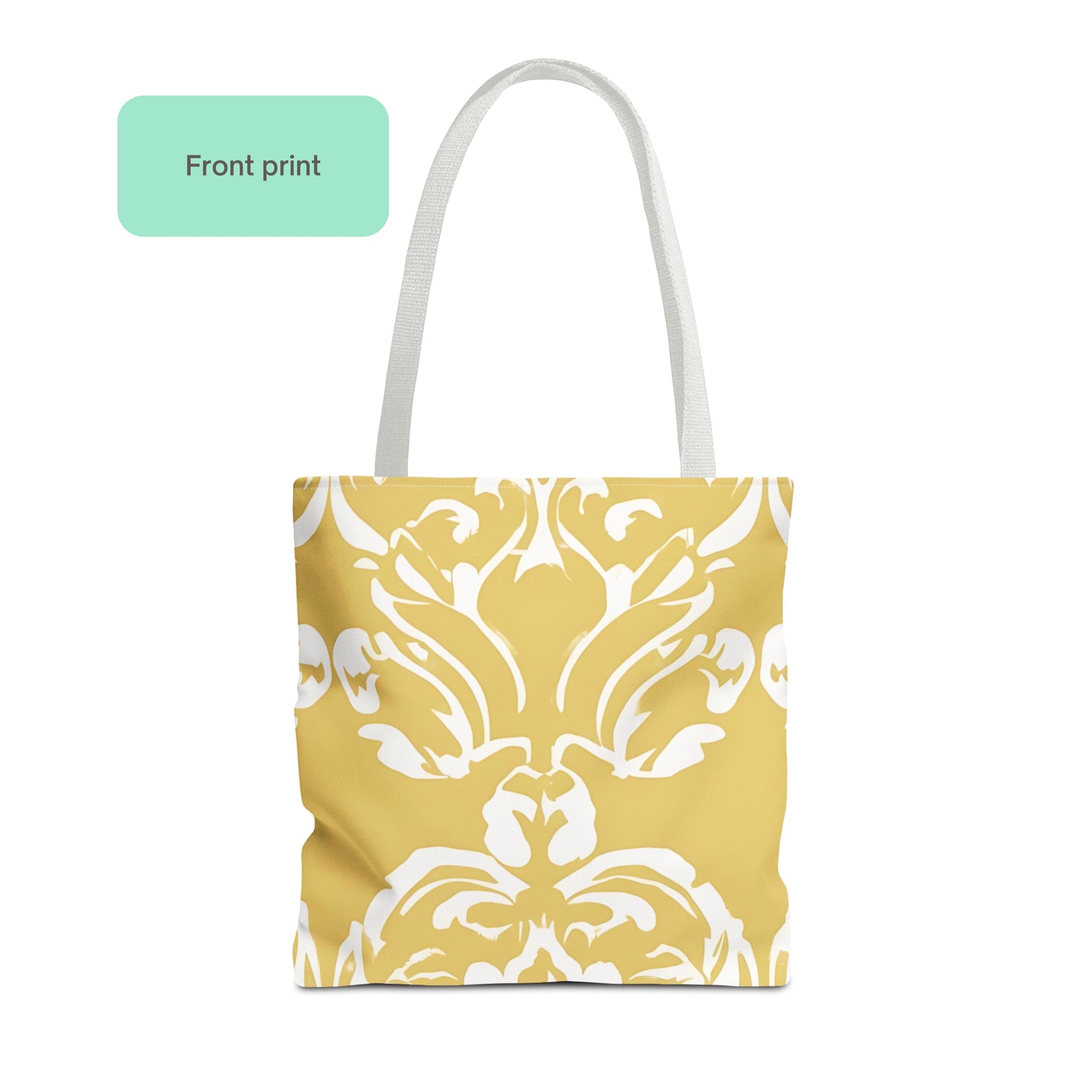 Front view of butter yellow tote bag with white damask pattern print, stylish everyday carryall design