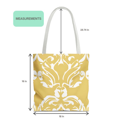 Butter yellow damask print tote bag showing product measurements, 16x16 inch reusable shopping bag with white handles