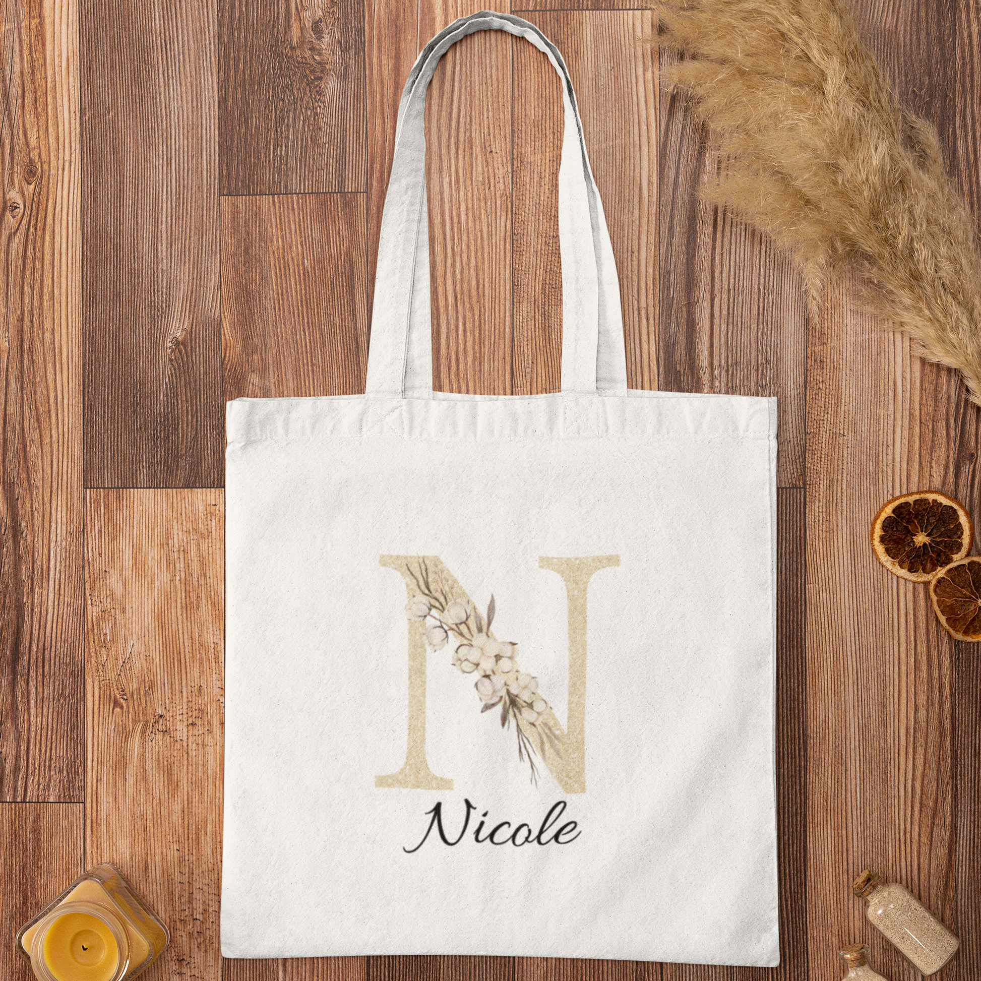 Champagne gold and ivory floral alphabet initials design set showing all letters for custom personalized tote bags