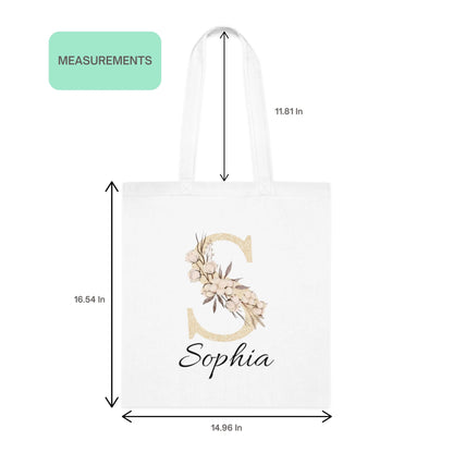 Size guide showing dimensions of champagne gold and ivory floral initial custom tote bag
