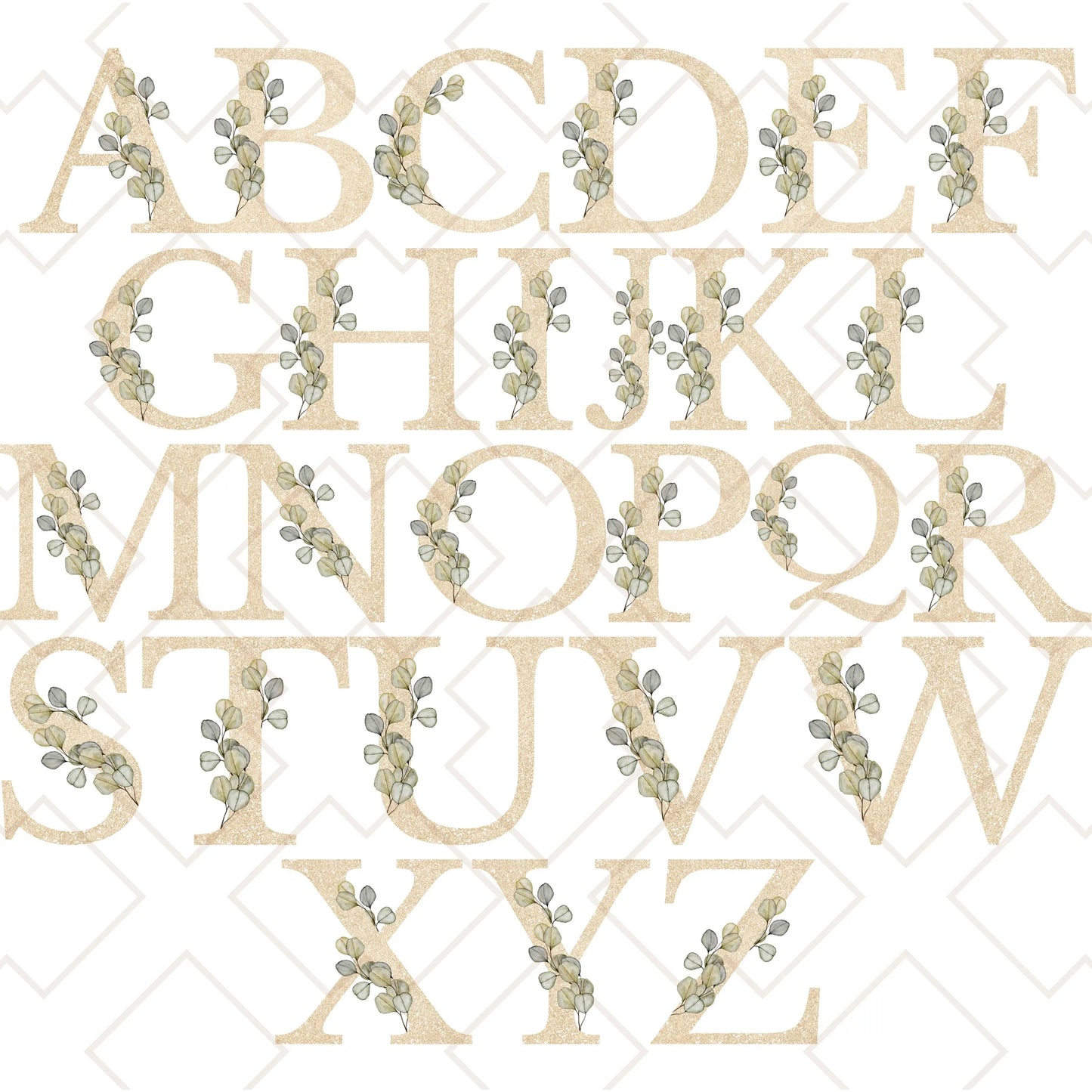 Full alphabet design showing champagne gold initials with muted sage eucalyptus leaves for personalized tote bag options