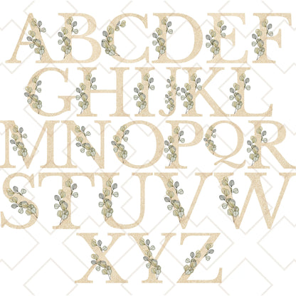 Full alphabet design showing champagne gold initials with muted sage eucalyptus leaves for personalized tote bag options