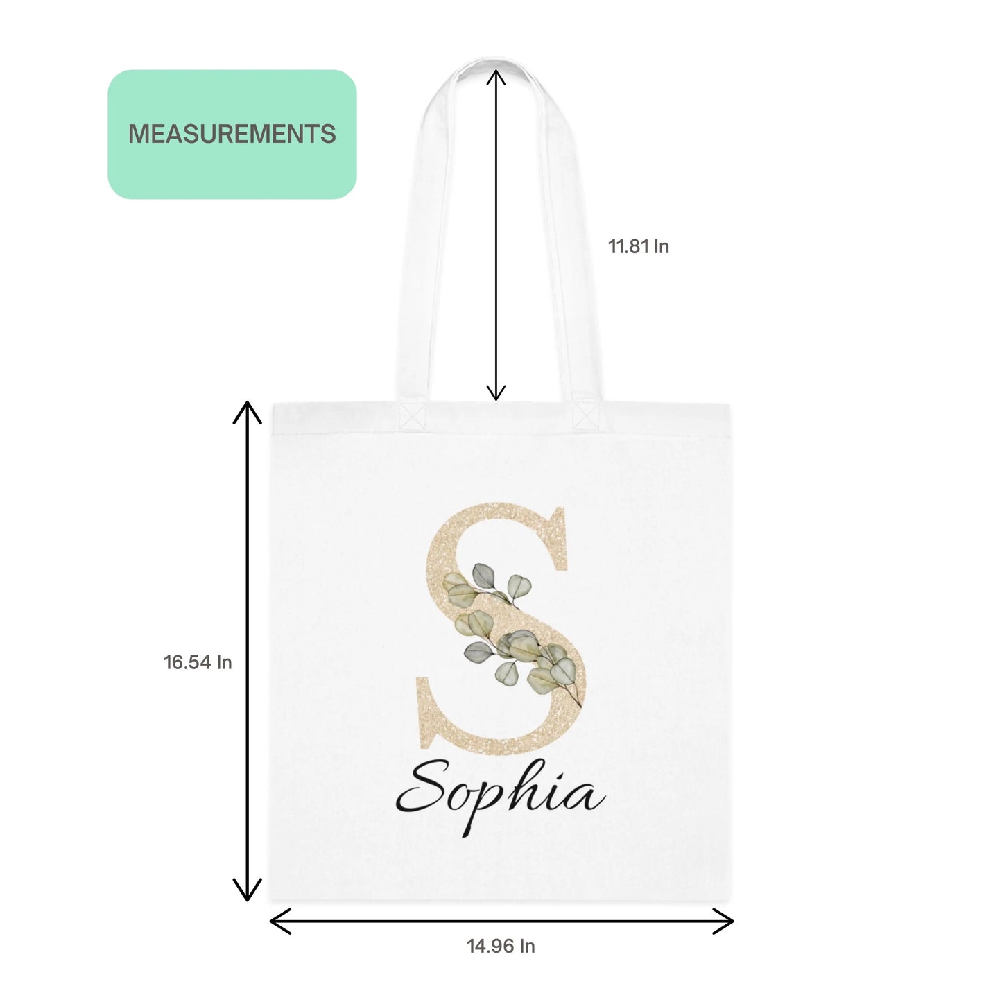 Champagne gold and sage green eucalyptus initial tote bag with size measurements — personalized cotton tote for everyday use
