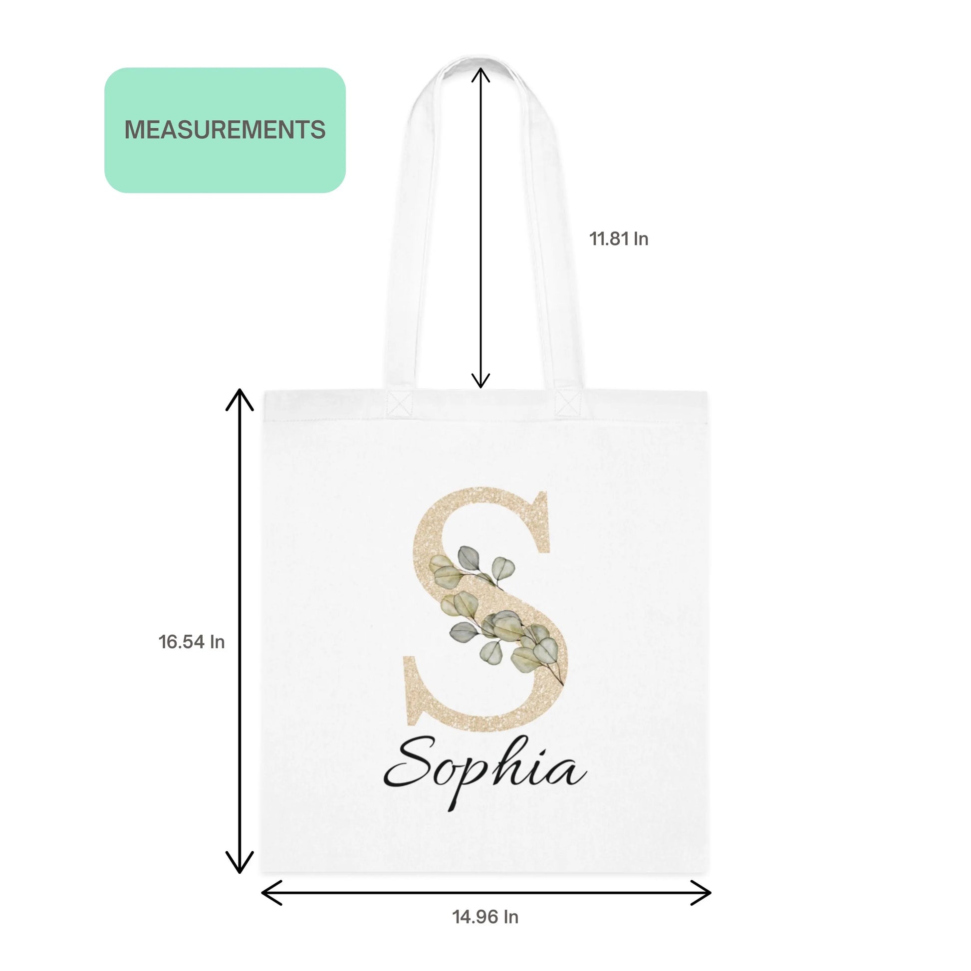Champagne gold and sage green eucalyptus initial tote bag with size measurements — personalized cotton tote for everyday use