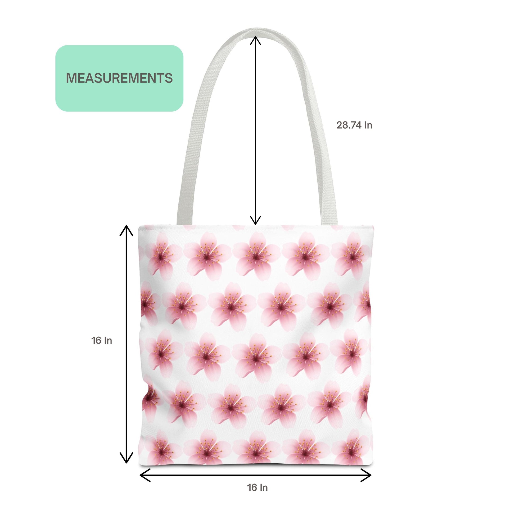 Measurement guide showing dimensions of Cherry Blossom Sakura Pink Flower Pattern Tote Bag