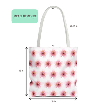 Measurement guide showing dimensions of Cherry Blossom Sakura Pink Flower Pattern Tote Bag