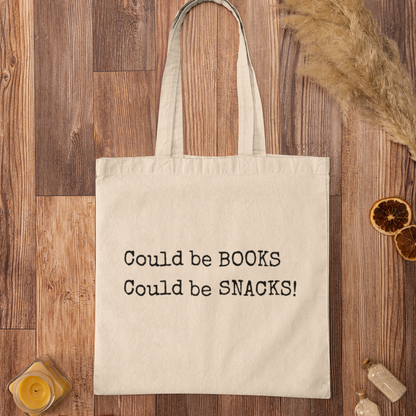 Natural Could Be Snacks Book Quotes Minimalist Tote Bag on wooden background, eco-friendly bookish tote for readers
