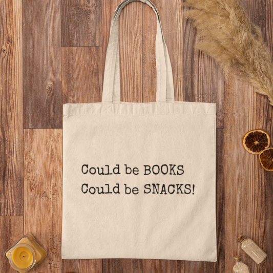 Natural Could Be Snacks Book Quotes Minimalist Tote Bag on wooden background, eco-friendly bookish tote for readers