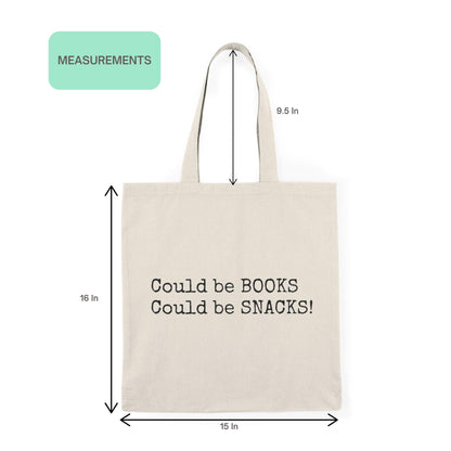 Could Be Snacks Book Quotes Minimalist Tote Bag with size guide showing 15 by 16 inches and 9.5-inch handles