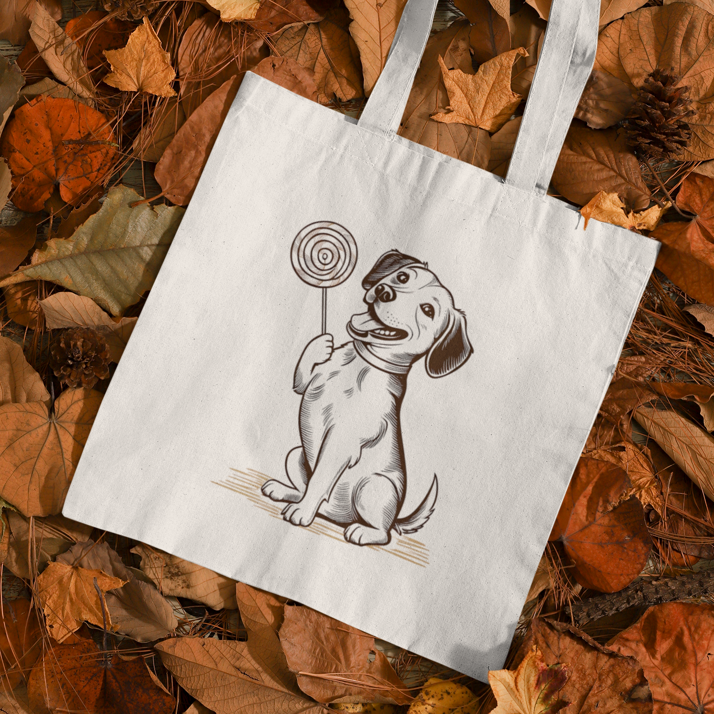 Minimalist tote bag featuring a cute dog holding a lollipop, placed on autumn leaves – perfect eco-friendly gift for pet lovers