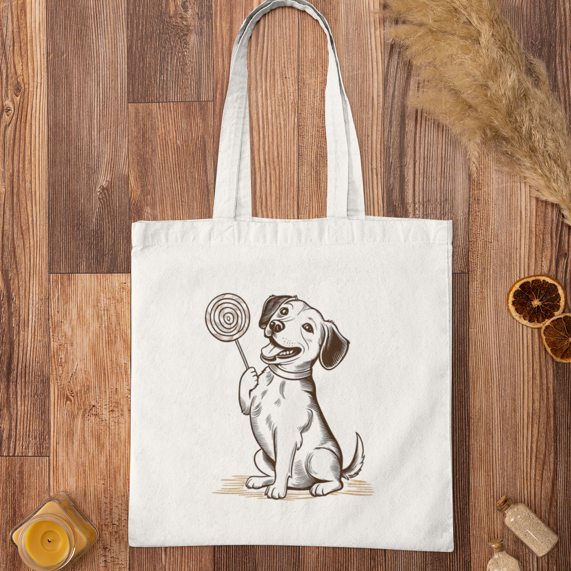 Cute dog with lollipop minimalist tote bag displayed on rustic wooden background, ideal reusable bag for dog lovers