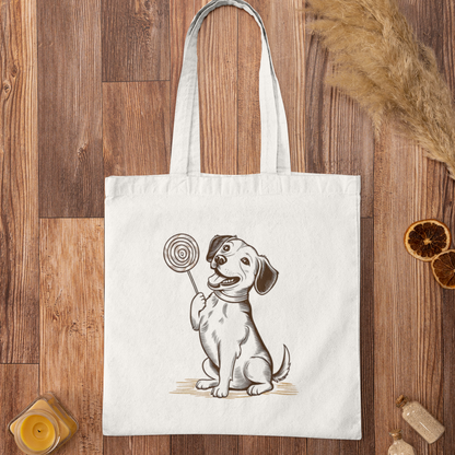 Cute dog with lollipop minimalist tote bag displayed on rustic wooden background, ideal reusable bag for dog lovers