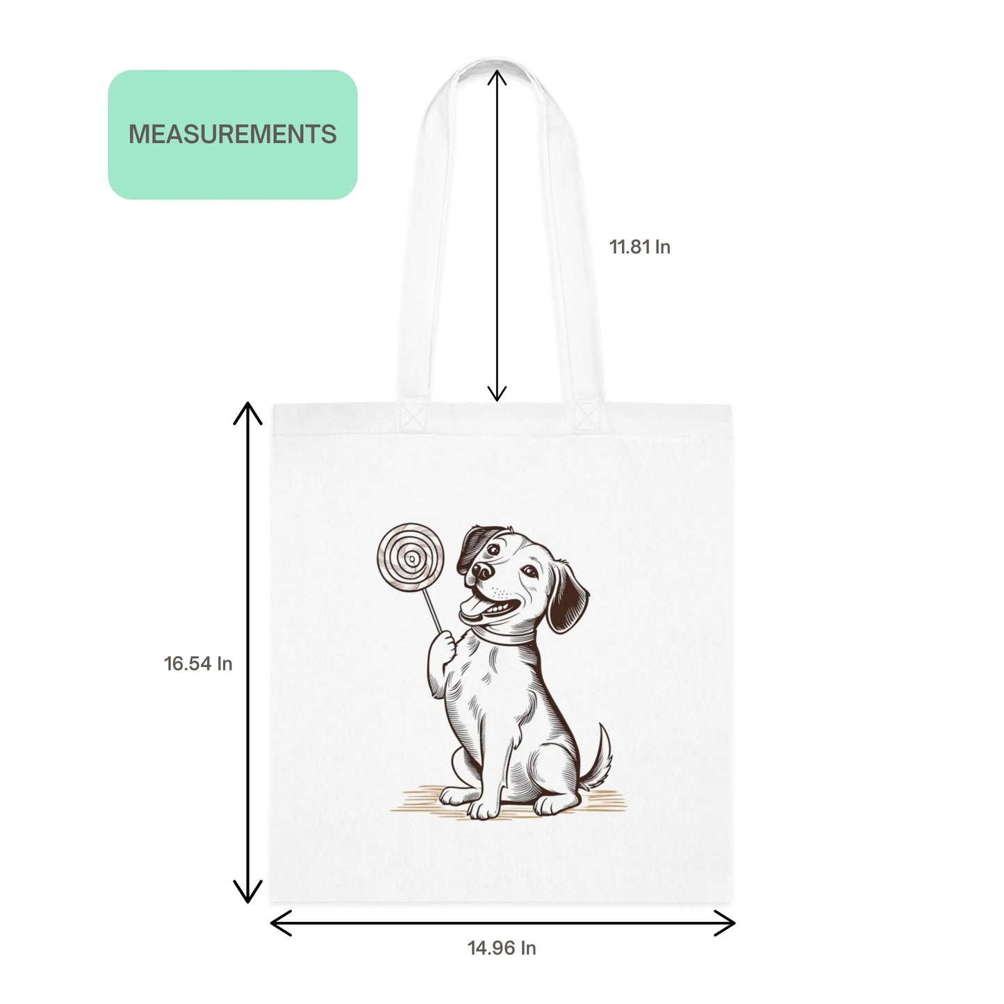 Size chart for the Cute Dog With Lollipop tote bag showing dimensions and handle length for pet lovers