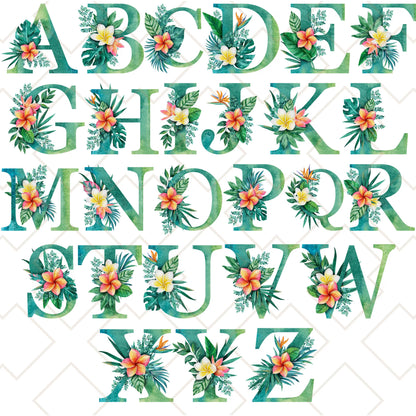 Emerald Green Initial Alphabet floral design collection with Plumeria flowers for custom tote bags and personalized gifts