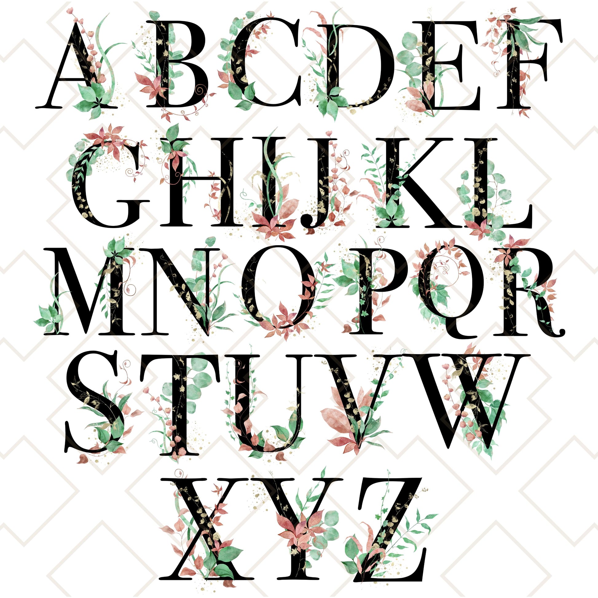 Full botanical alphabet set showing eucalyptus, gold, and berry leaf initial designs used on personalized tote bags