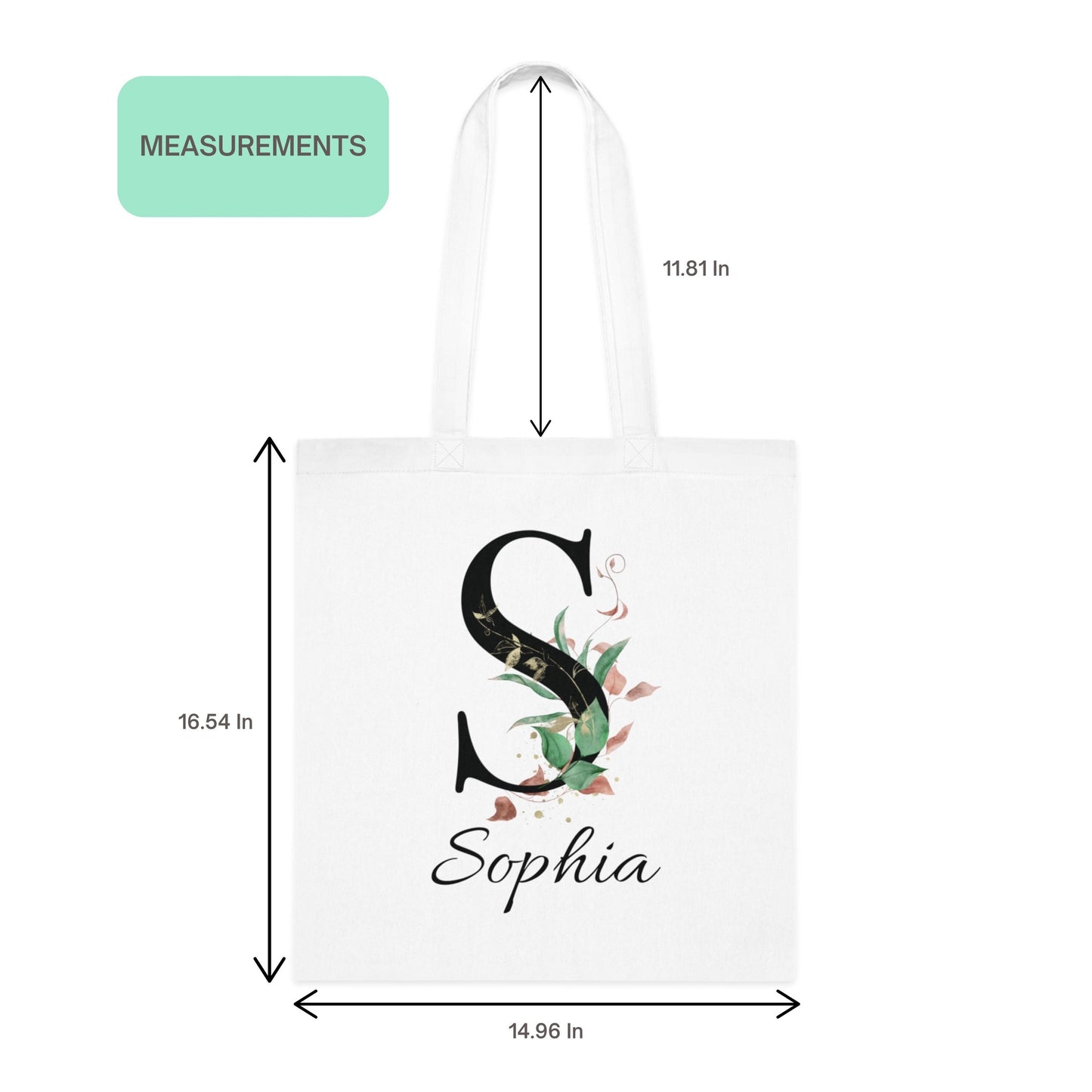 Measurement reference image of Eucalyptus with Gold and Berry Leaf Custom Tote Bag personalized for Sophia