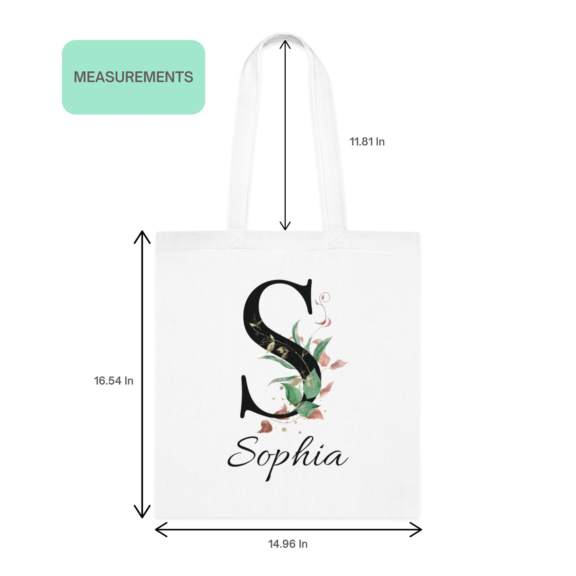 Measurement reference image of Eucalyptus with Gold and Berry Leaf Custom Tote Bag personalized for Sophia