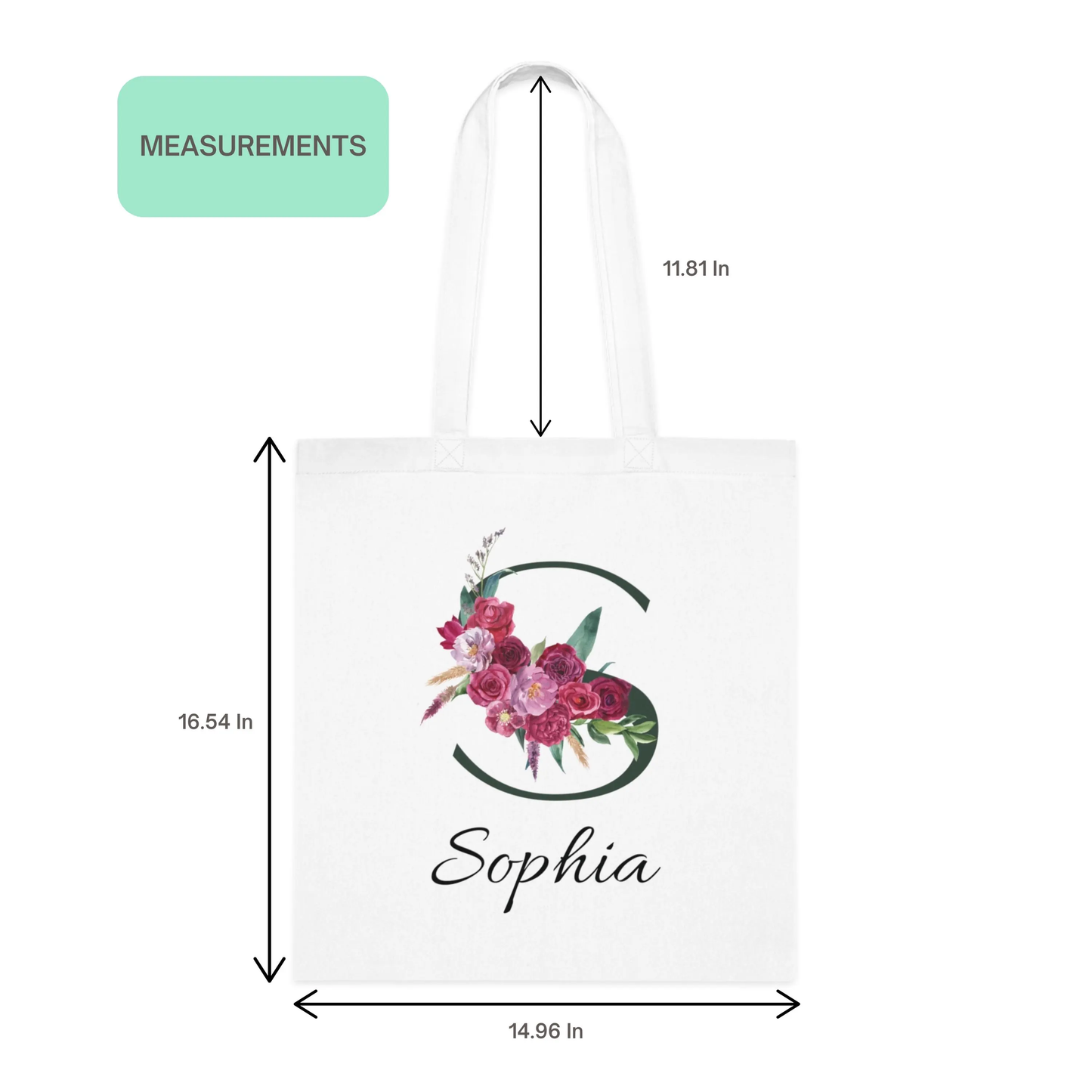 Measurement guide for personalised forest green and maroon floral tote bag with initial S and name Sophia