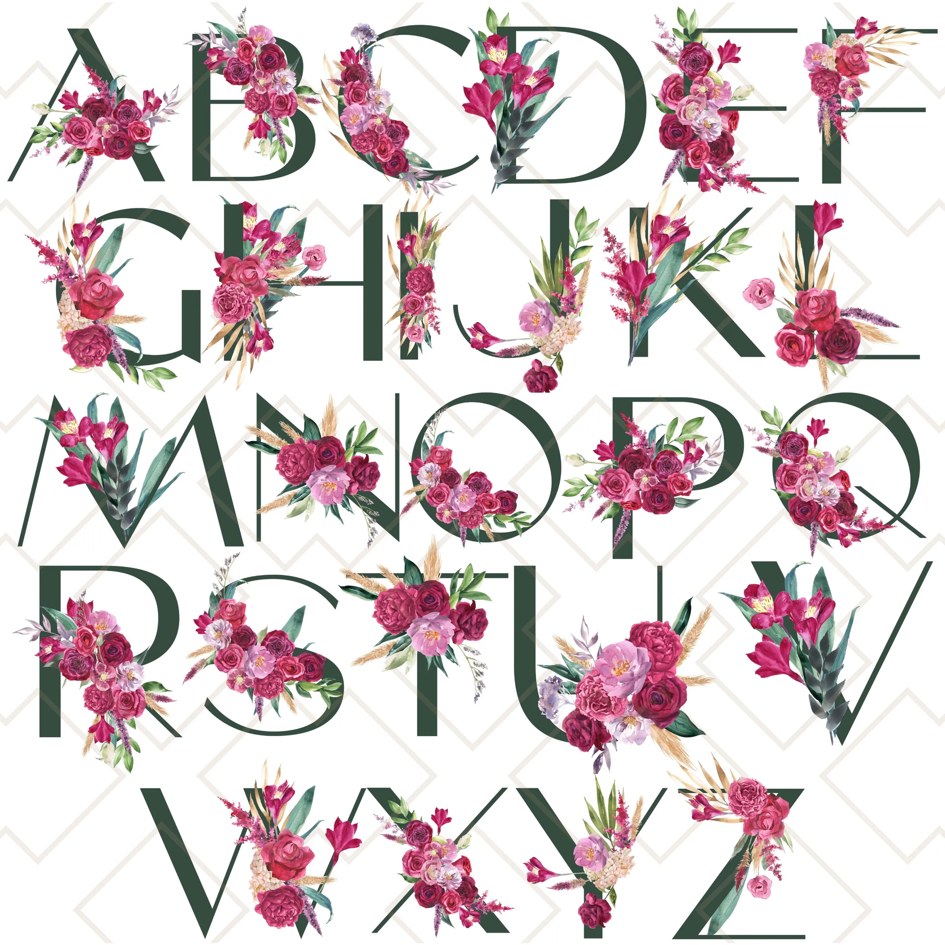 A to Z alphabet collection of forest green and maroon floral monogram initials used on custom tote bags