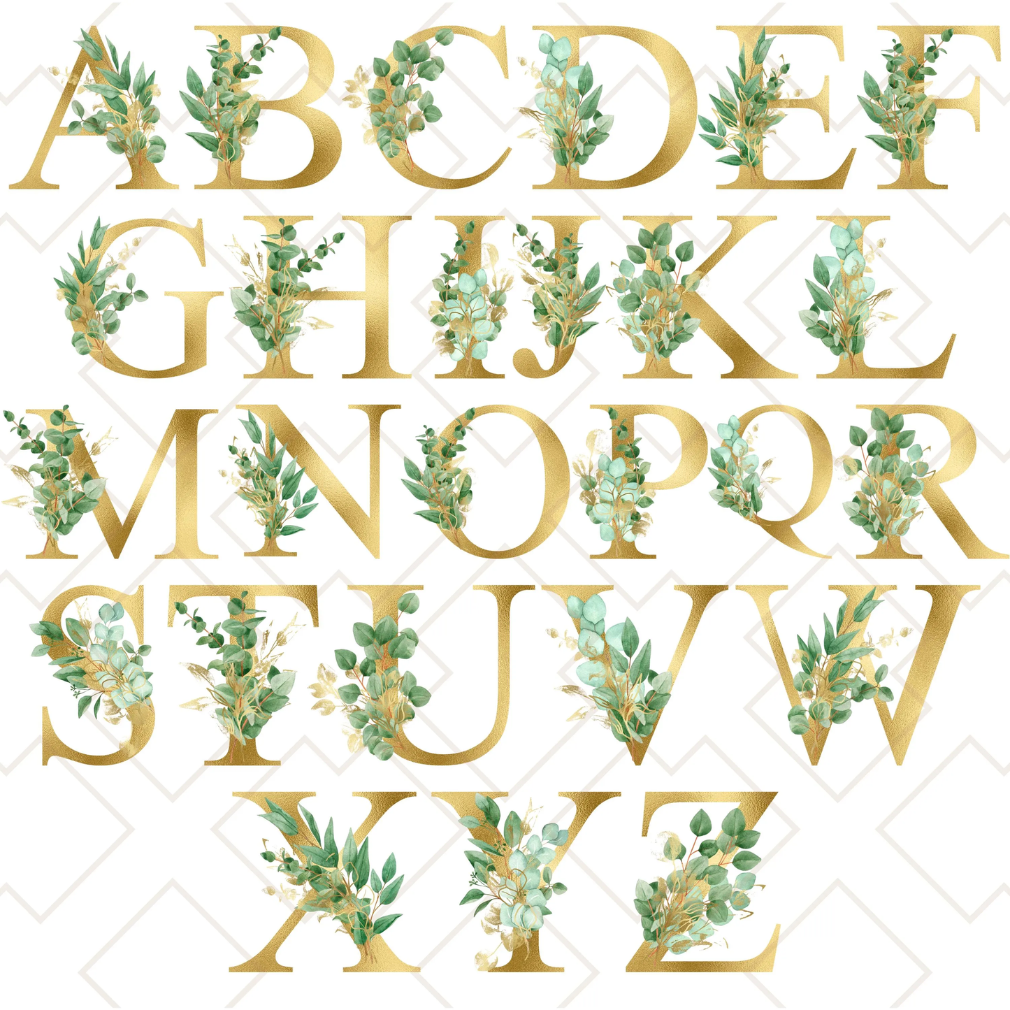 Full alphabet design featuring gold letters with soft sage green eucalyptus botanical accents for custom tote bags