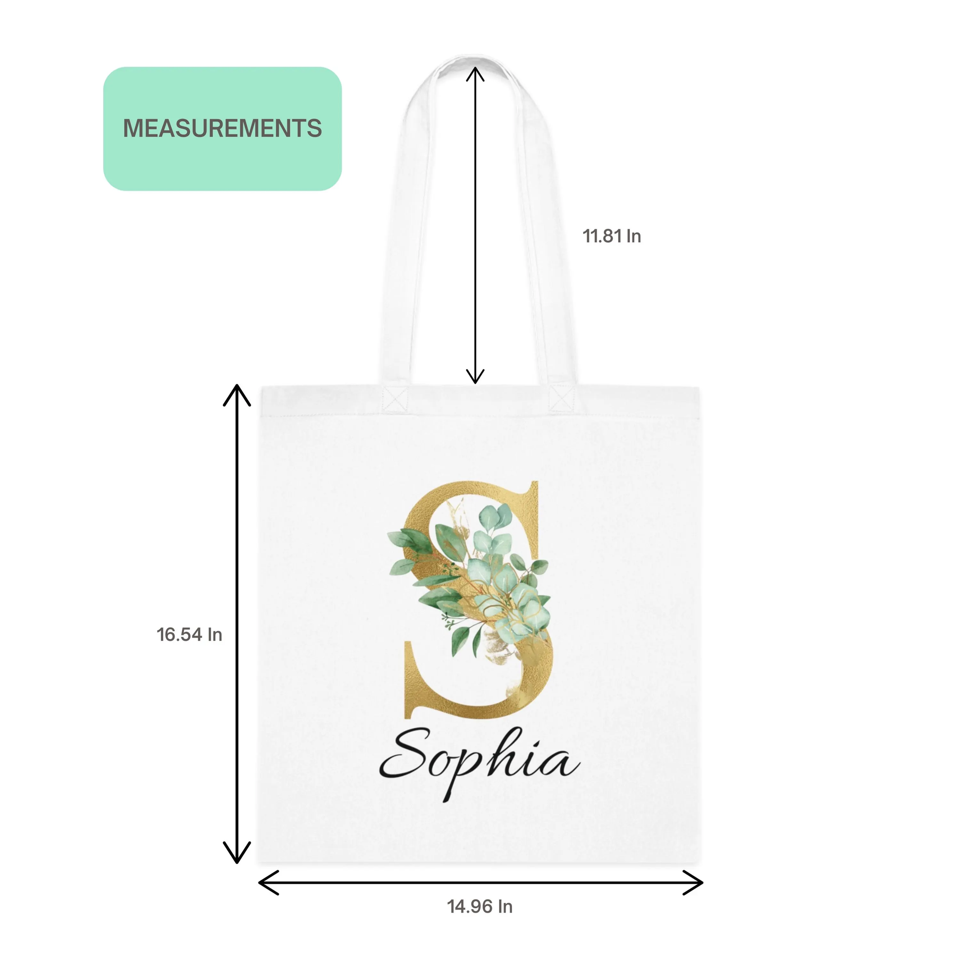 Gold and soft sage green eucalyptus tote bag with initial S and name Sophia, showing size measurements in inches