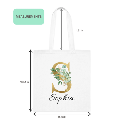 Gold and soft sage green eucalyptus tote bag with initial S and name Sophia, showing size measurements in inches