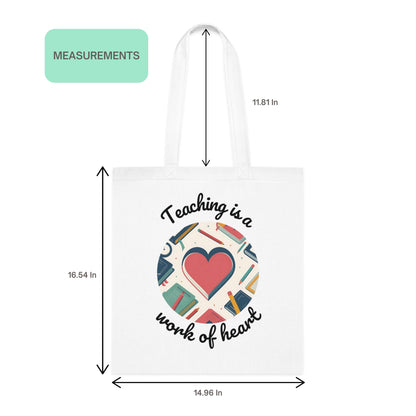 Heart Of A Teacher tote bag with size measurements for teacher tote bag gift