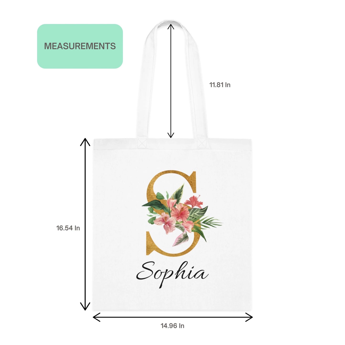Hibiscus tropical floral custom tote bag with gold initial S and name Sophia, product dimensions shown for size reference