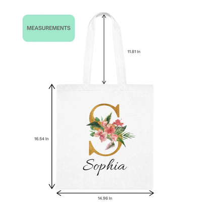 Hibiscus tropical floral custom tote bag with gold initial S and name Sophia, product dimensions shown for size reference