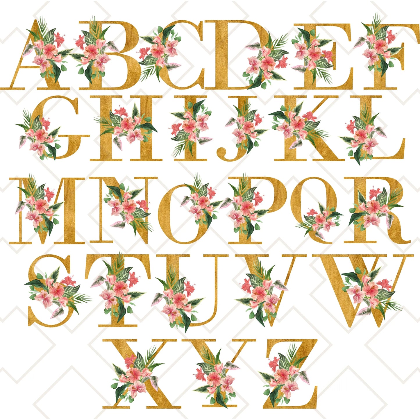 Full alphabet design showing hibiscus tropical floral initials in gold for custom tote bag personalization