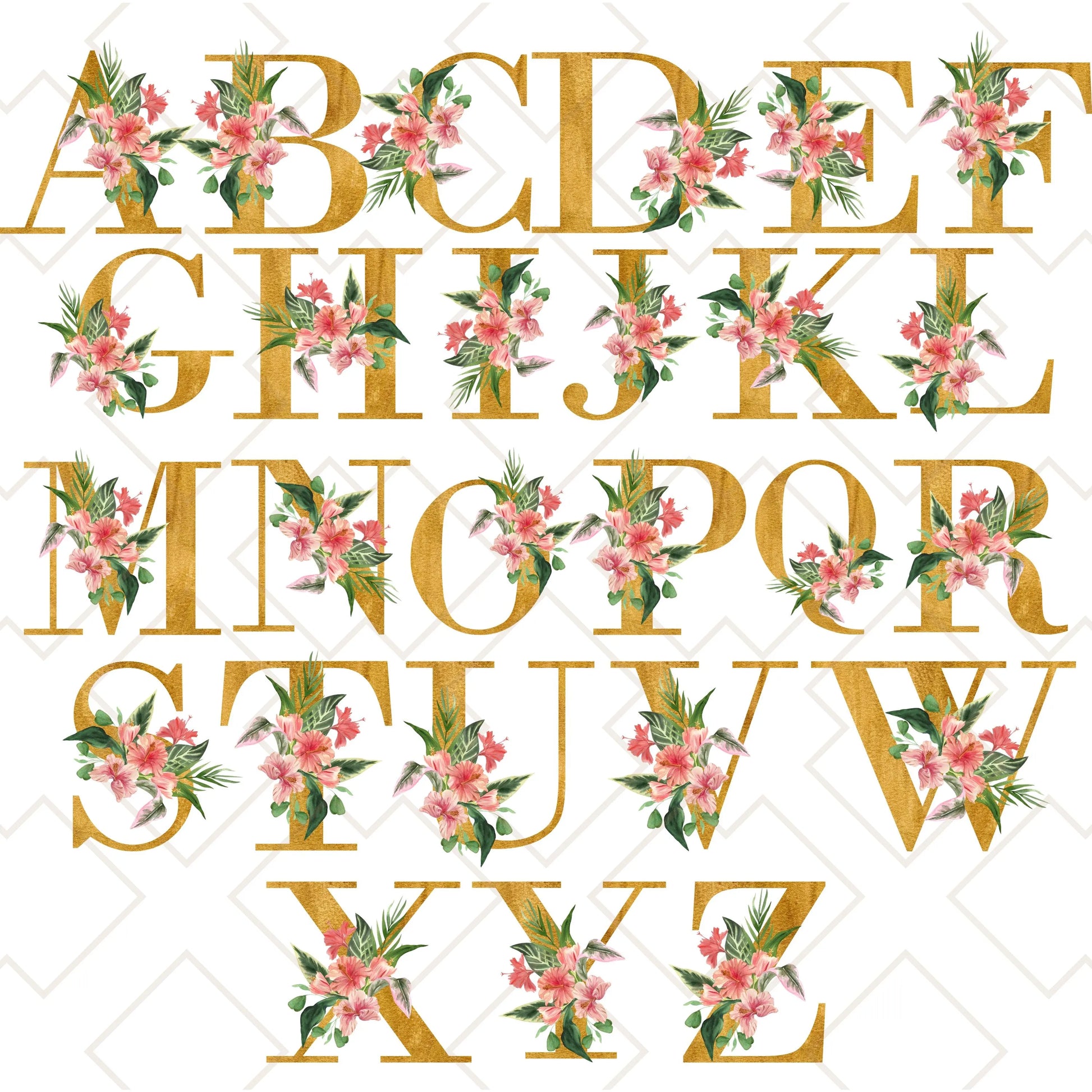 Full alphabet design showing hibiscus tropical floral initials in gold for custom tote bag personalization