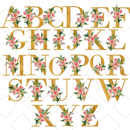 Full alphabet design showing hibiscus tropical floral initials in gold for custom tote bag personalization